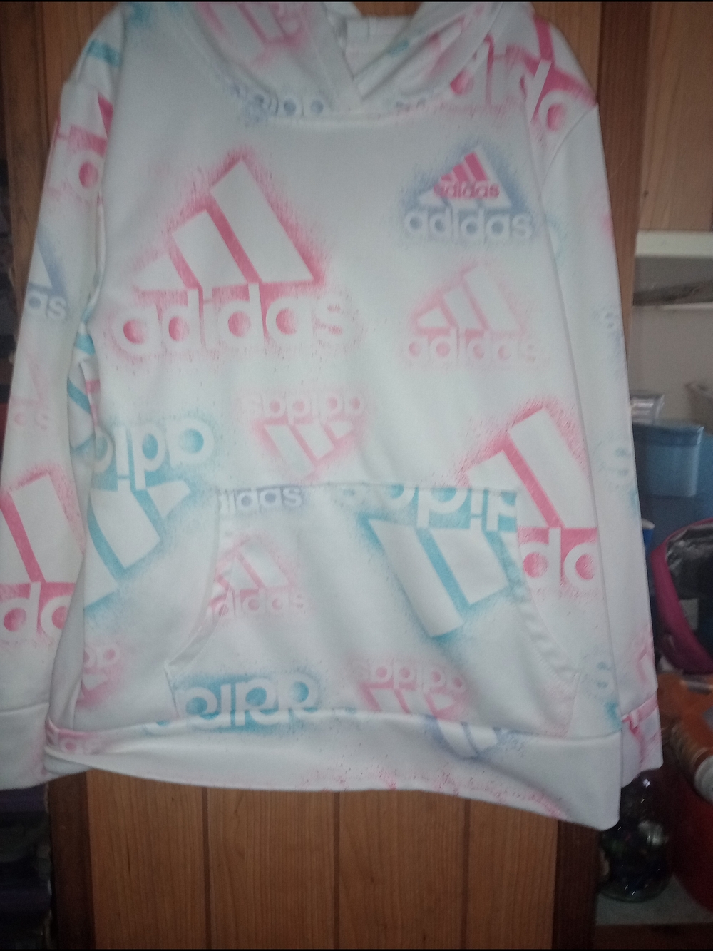 adidas Kids White Hoodie with Pink & Blue Logo Spray